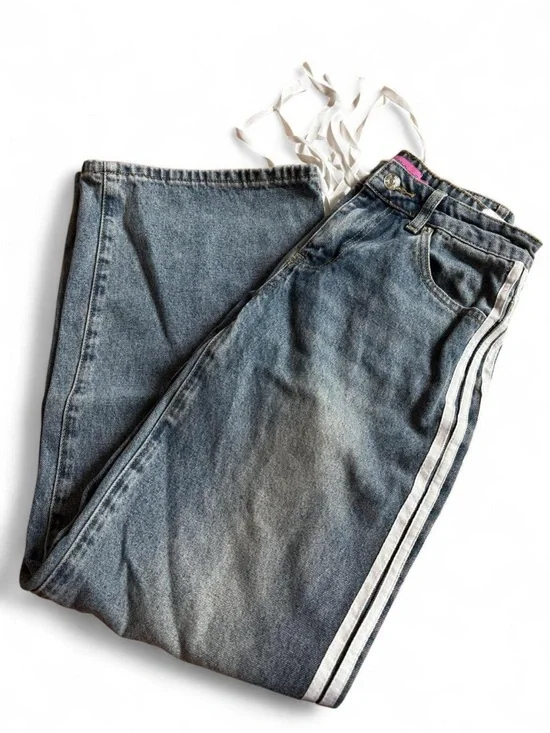 Edikted Wide Leg Jeans XS Ribbon Tie Side Stripe Y2K Baggy Denim - Picture 2 of 5